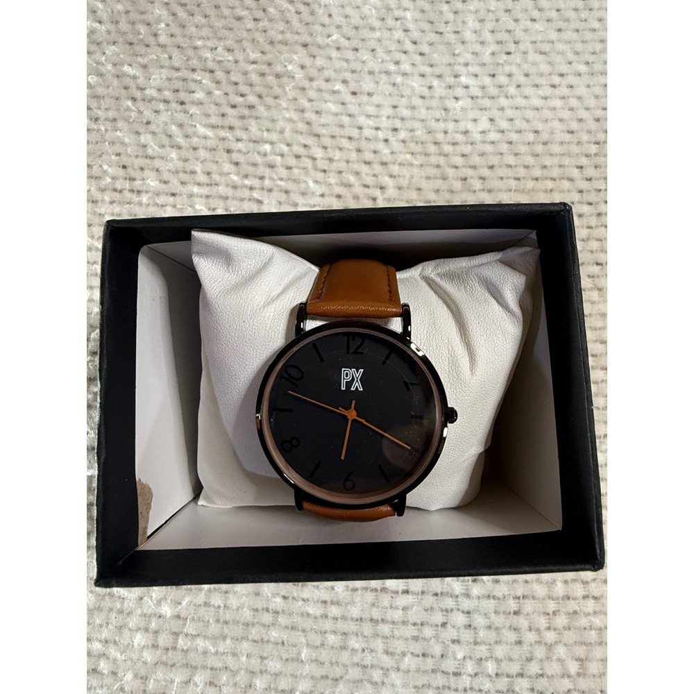 PX Mens Watch 1WA3106M Cognac Brown Leather Strap Black Dial Analog Timepiece